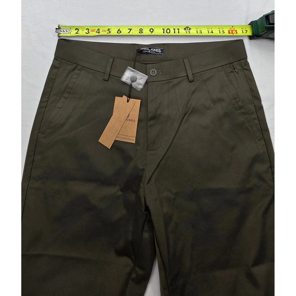 PJ Paul Jones Mens Olive Green Flat Front Straight Leg Trousers Size M New
